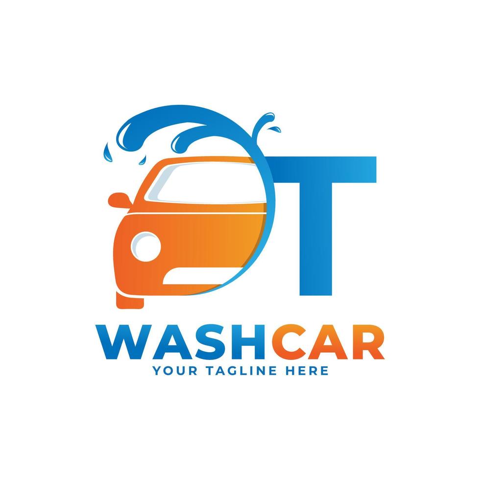 Letter T with Car Wash Logo, Cleaning Car, Washing and Service Vector Logo Design.