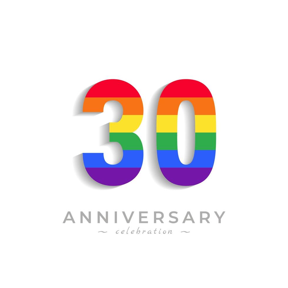 Celebración del aniversario de 30 años con el color del arco iris para el evento de celebración, boda, tarjeta de felicitación e invitación aislada en el fondo blanco vector