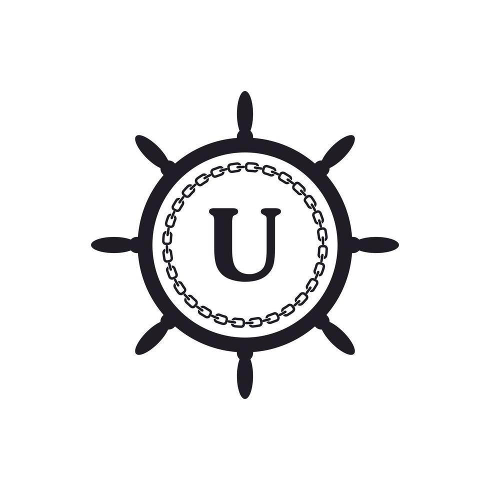 Letter U Inside Ship Steering Wheel and Circular Chain Icon for Nautical Logo Inspiration vector