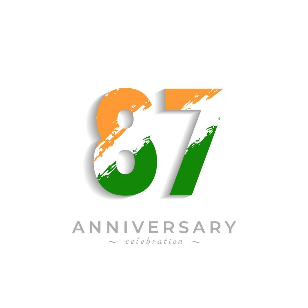 87 Year Anniversary Celebration with Brush White Slash in Yellow Saffron and Green Indian Flag Color. Happy Anniversary Greeting Celebrates Event Isolated on White Background vector
