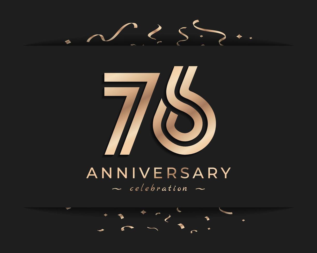 76 Year Anniversary Celebration Logotype Style Design. Happy Anniversary Greeting Celebrates Event with Golden Multiple Line and Confetti Isolated on Dark Background Design Illustration vector