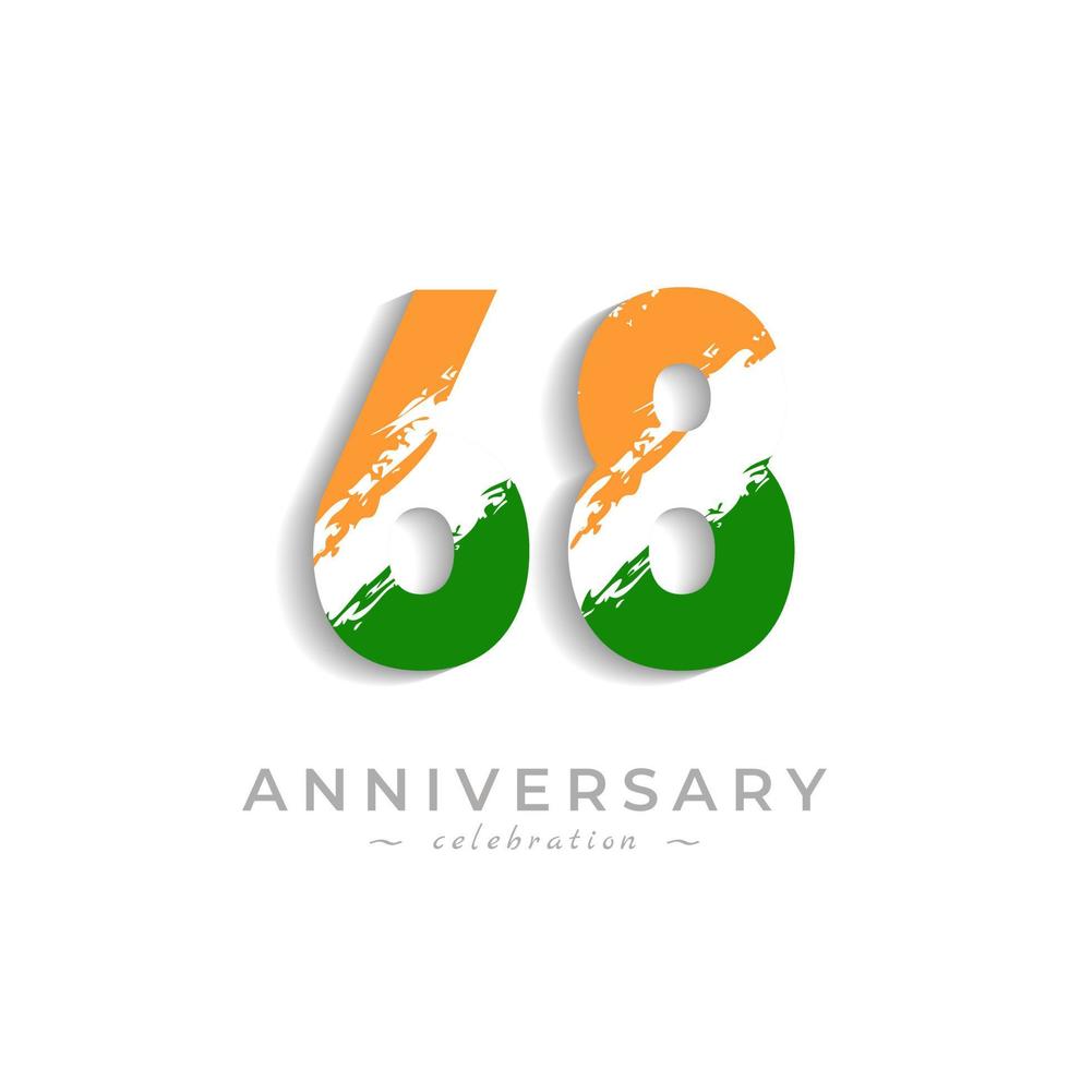 68 Year Anniversary Celebration with Brush White Slash in Yellow Saffron and Green Indian Flag Color. Happy Anniversary Greeting Celebrates Event Isolated on White Background vector