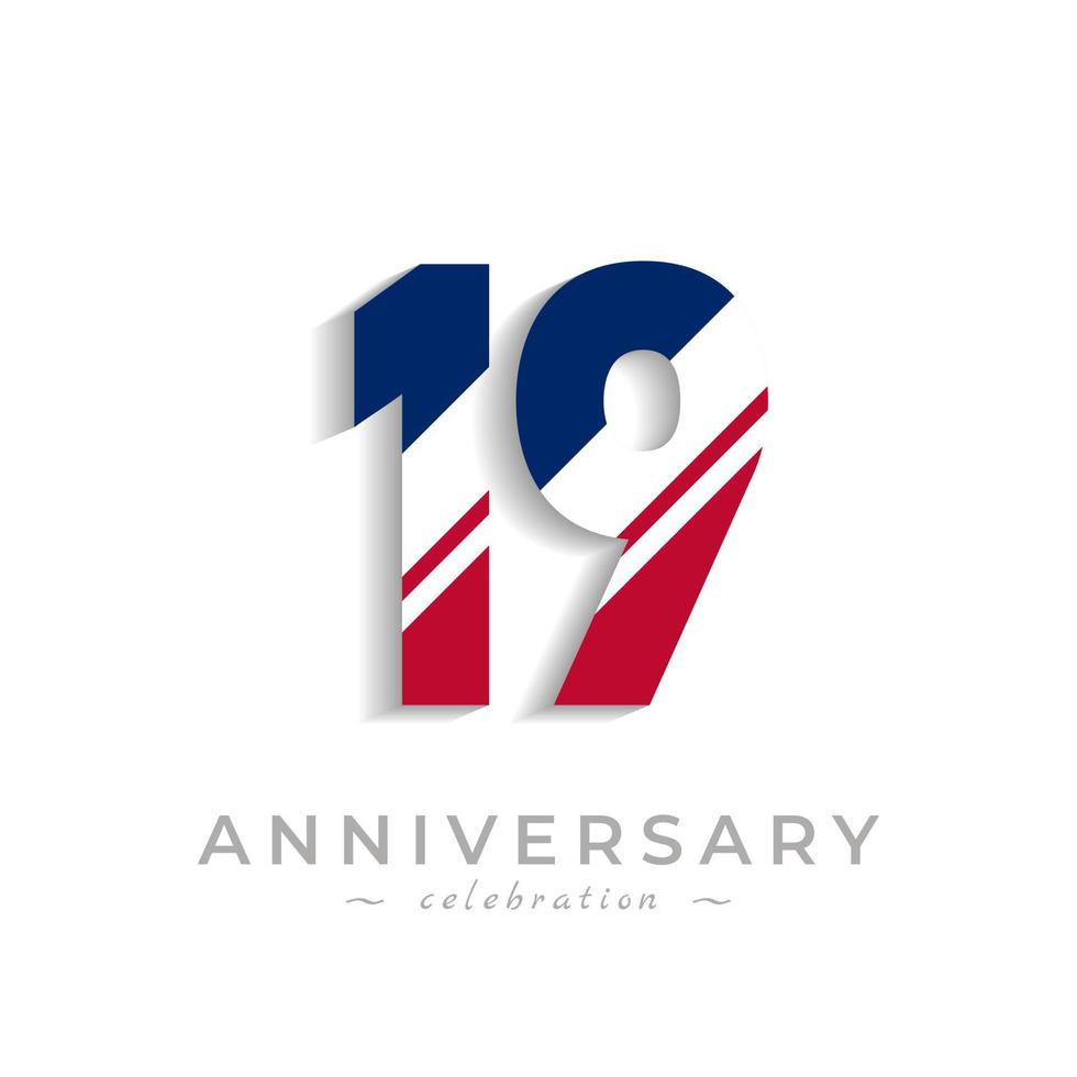 19 Year Anniversary Celebration with White Slash in Red and Blue American Flag Color. Happy Anniversary Greeting Celebrates Event Isolated on White Background vector