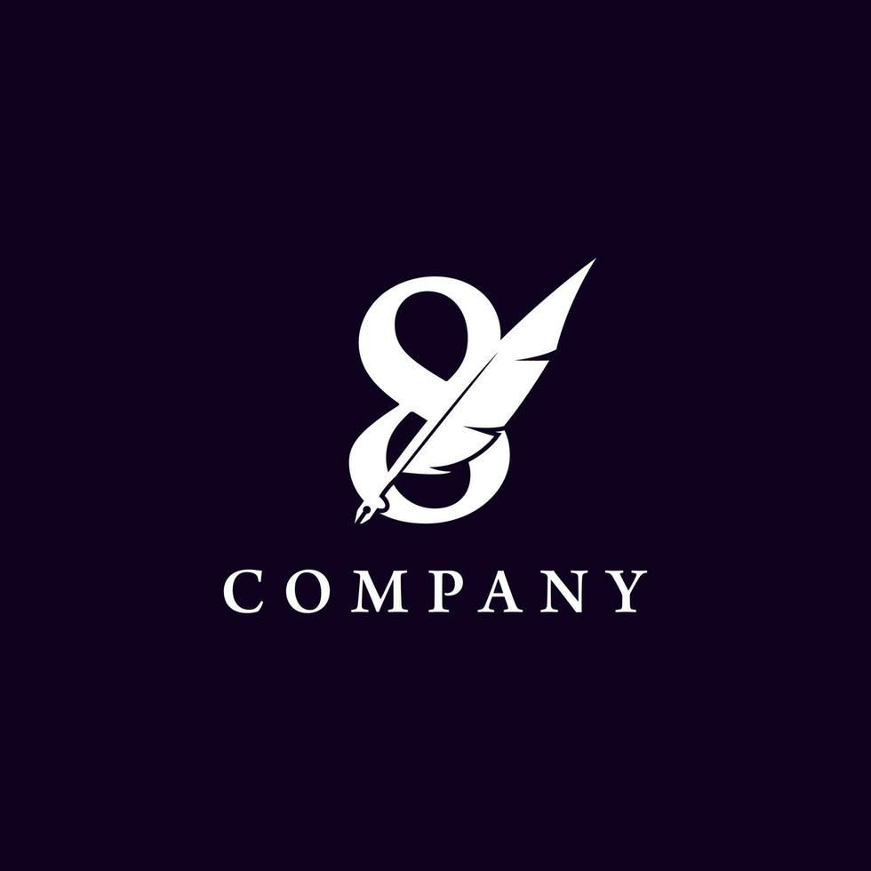 Number 8 with Feather Quill Pen Notary Writer Journalist Logo Design Inspiration vector