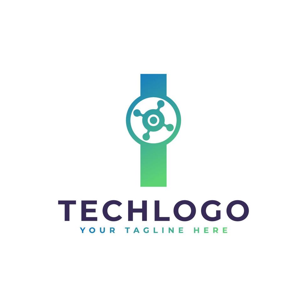 logotipo de la letra i de tecnología. forma geométrica verde con círculo de puntos conectado como vector de logotipo de red. utilizable para logotipos de negocios y tecnología.