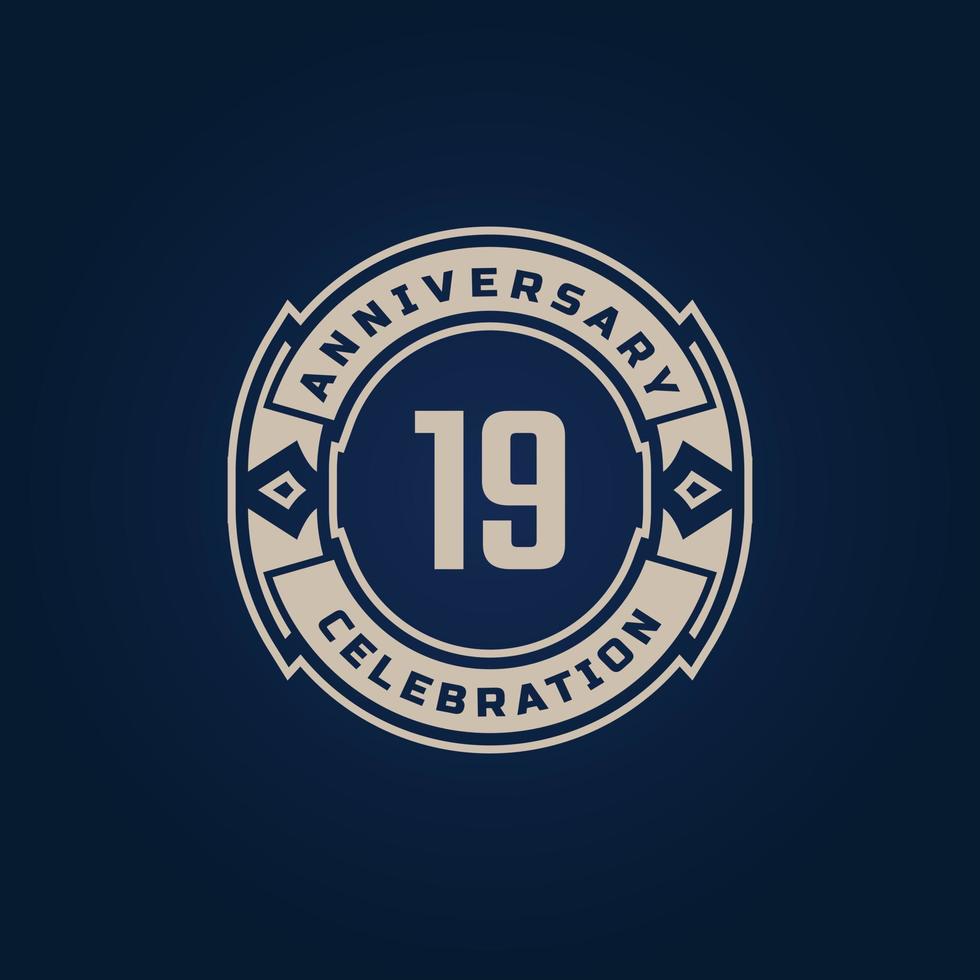 19 Year Anniversary Celebration with Golden Color for Celebration Event, Wedding, Greeting card, and Invitation Isolated on Blue Background vector