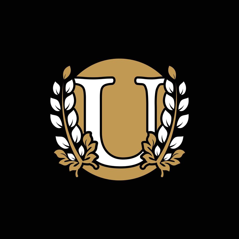 Initial Letter U Linked Monogram Golden Laurel Wreath with Circle Logo. Graceful Design for Restaurant, Cafe, Brand name, Badge, Label, luxury identity vector