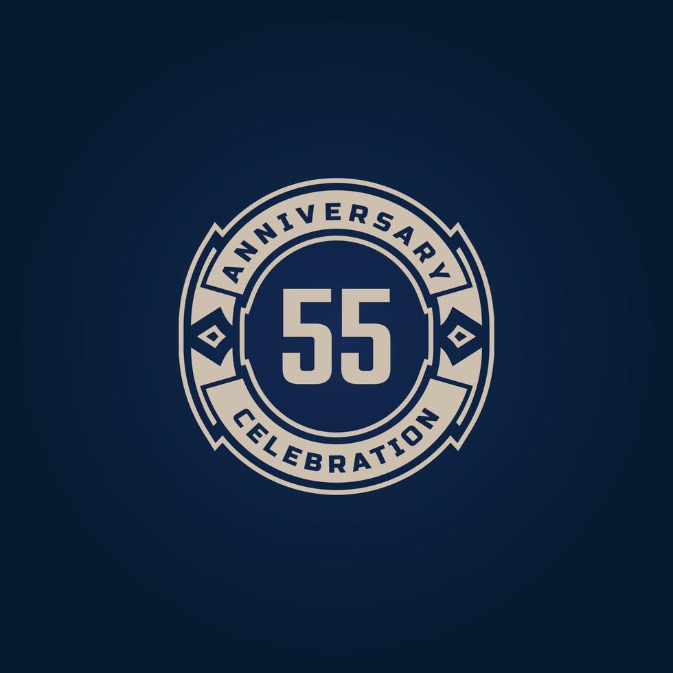 55 Year Anniversary Celebration with Golden Color for Celebration Event, Wedding, Greeting card, and Invitation Isolated on Blue Background vector
