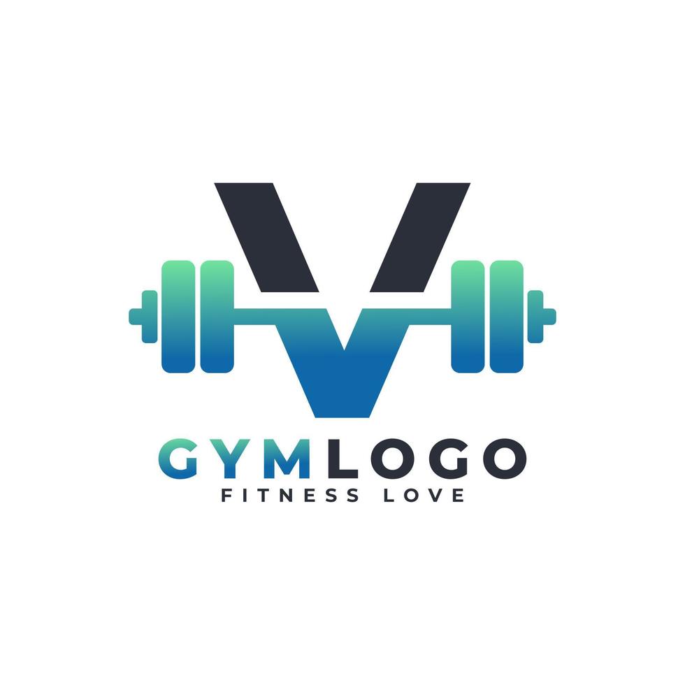 Letter V Logo With Barbell. Fitness Gym logo. Lifting Vector Logo Design For Gym and Fitness. Alphabet Letter Logo Template