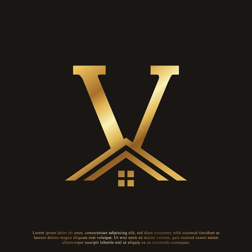 Initial Letter V Home House Golden Logo Design. Real Estate Logo Concept. Vector Illustration