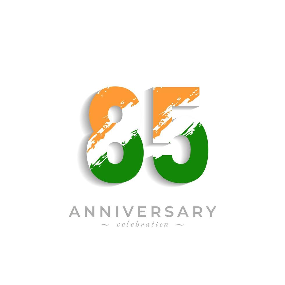 85 Year Anniversary Celebration with Brush White Slash in Yellow Saffron and Green Indian Flag Color. Happy Anniversary Greeting Celebrates Event Isolated on White Background vector