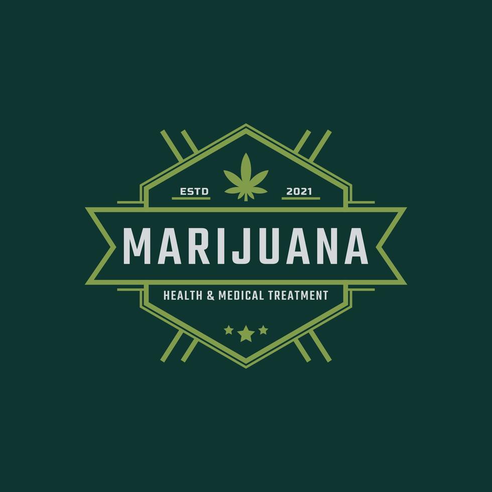 Classic Vintage Retro Label Badge for Marijuana Cannabis Hemp Pot Leaf THC CBD Health and Medical Therapy Logo Design Inspiration vector