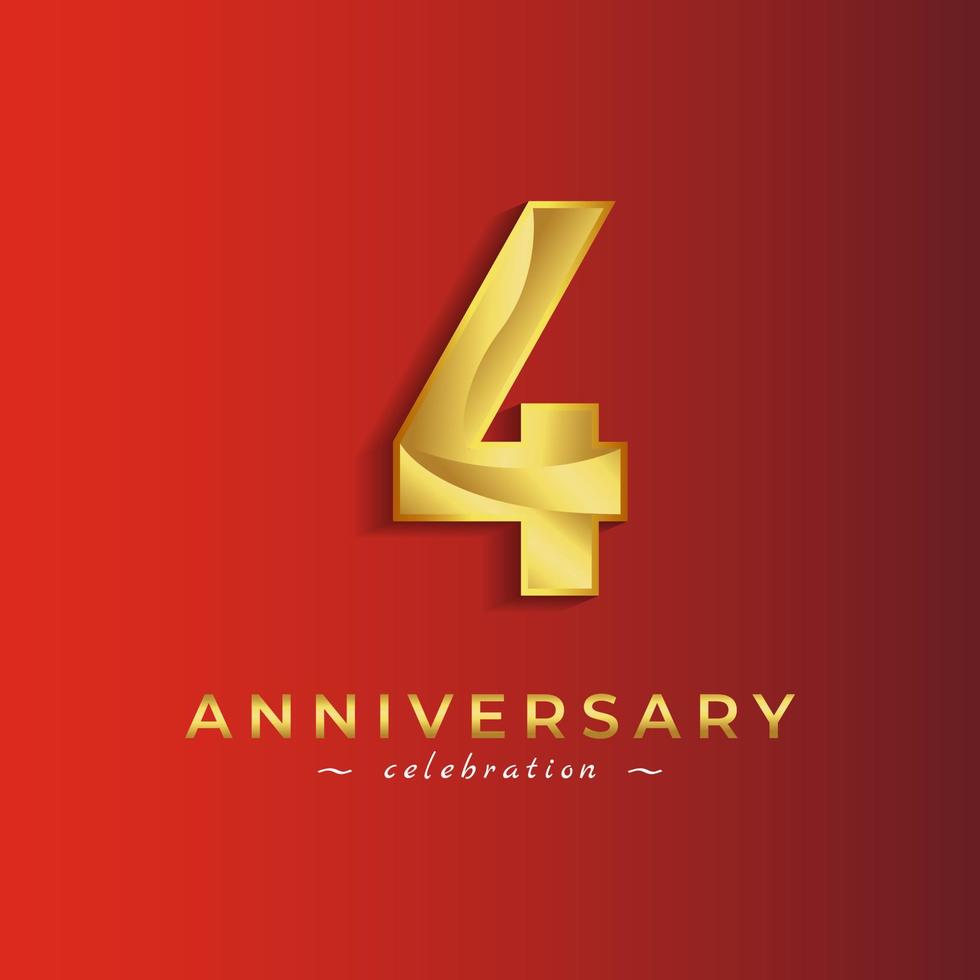 Celebración del aniversario de 4 años con color dorado brillante para eventos de celebración, bodas, tarjetas de felicitación y tarjetas de invitación aisladas en fondo rojo vector