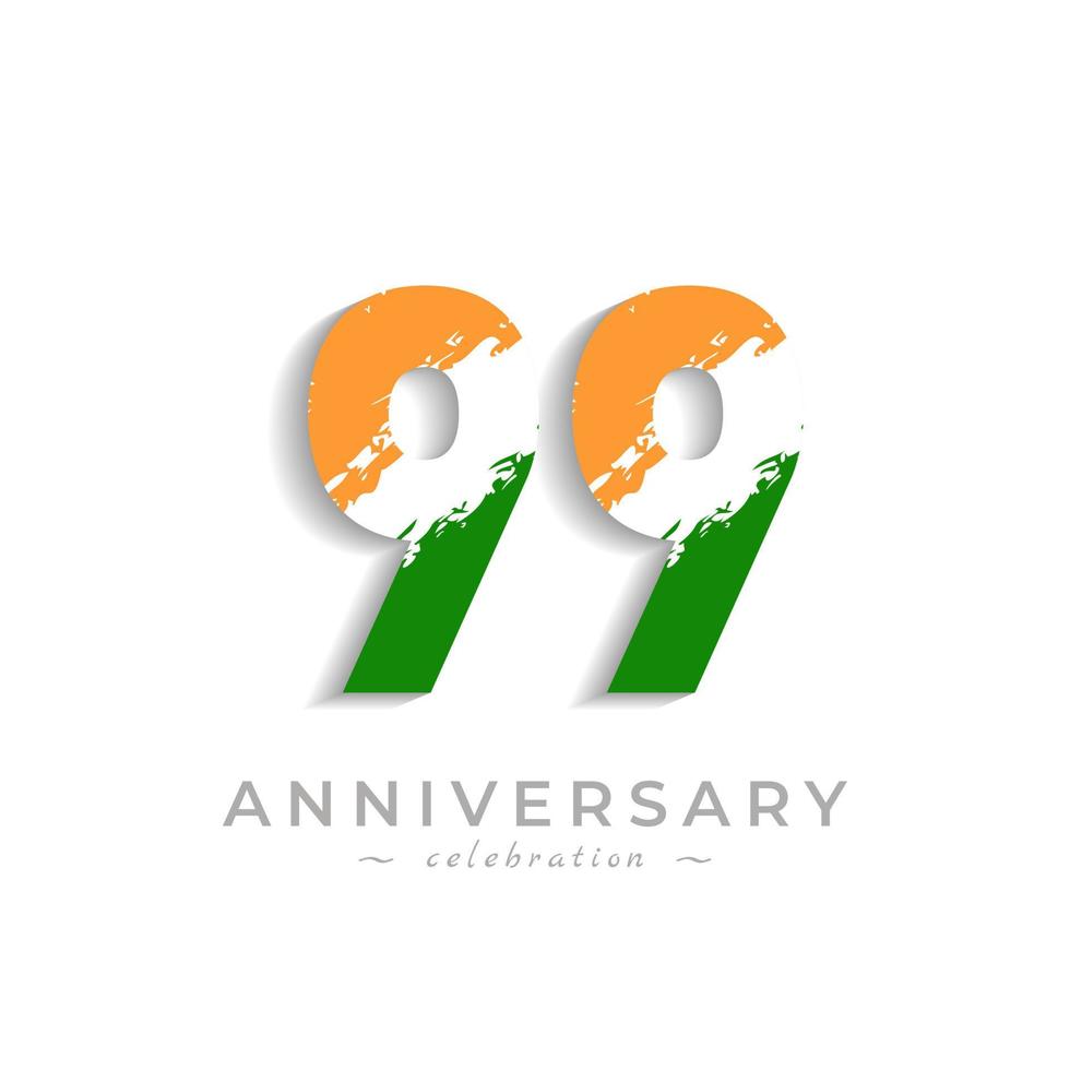 Celebración del aniversario de 99 años con barra blanca de pincel en azafrán amarillo y color verde de la bandera india. saludo de feliz aniversario celebra evento aislado sobre fondo blanco vector