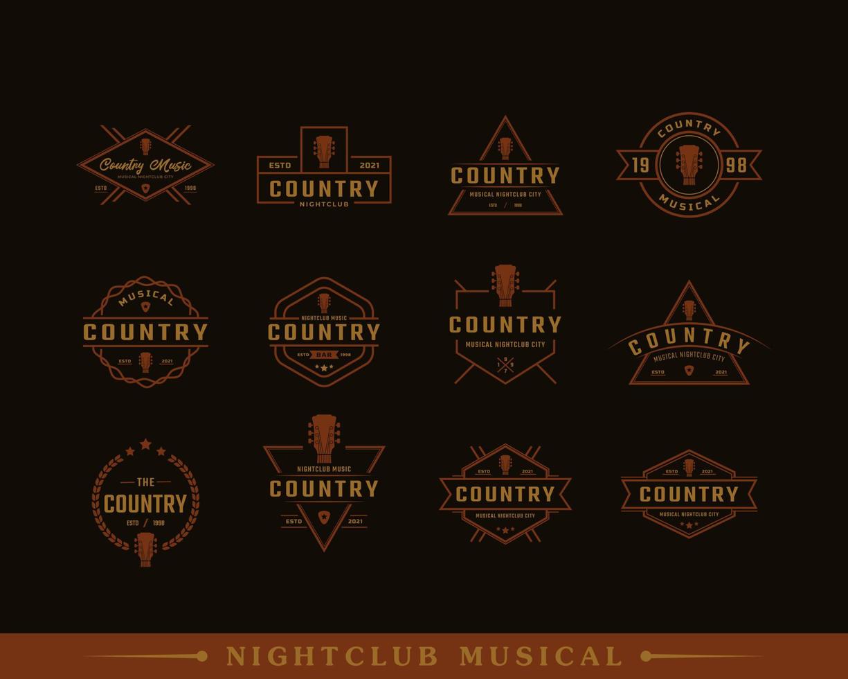 conjunto de insignia de etiqueta retro vintage clásica para música de guitarra country barra de salón occidental plantilla de diseño de logotipo de vaquero vector