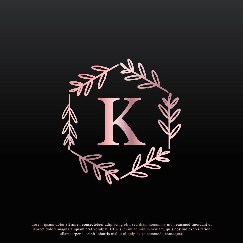 Elegant K Letter Hexagon Floral Logo with Creative Elegant Leaf Monogram Branch Line and Pink Black Color. Usable for Business, Fashion, Cosmetics, Spa, Science, Medical and Nature Logos. vector