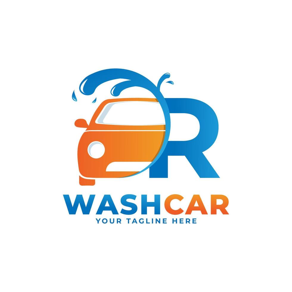 Letter R with Car Wash Logo, Cleaning Car, Washing and Service Vector Logo Design.