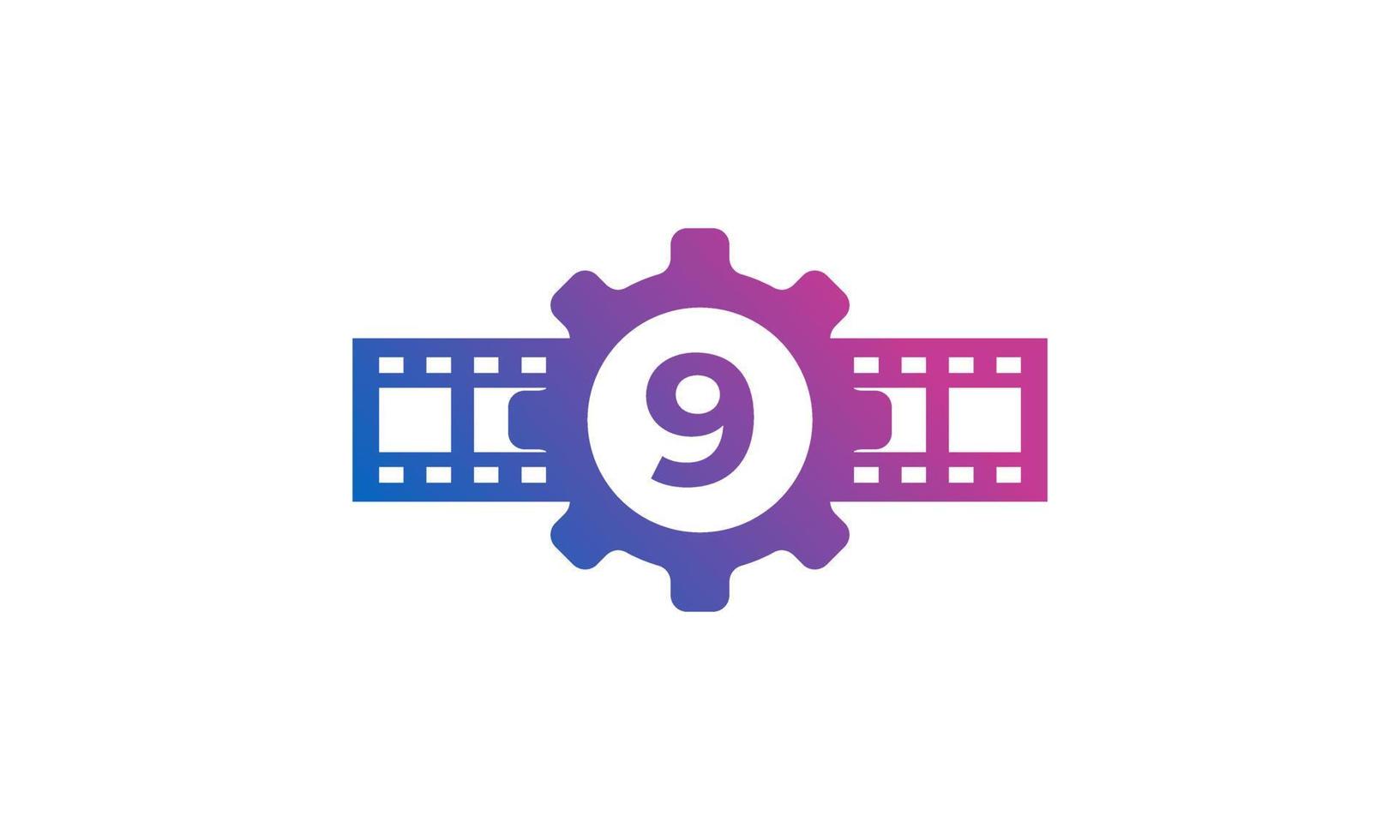 rueda dentada de engranaje número 9 con rayas de carrete tira de película para película estudio de producción de cine inspiración de logotipo vector