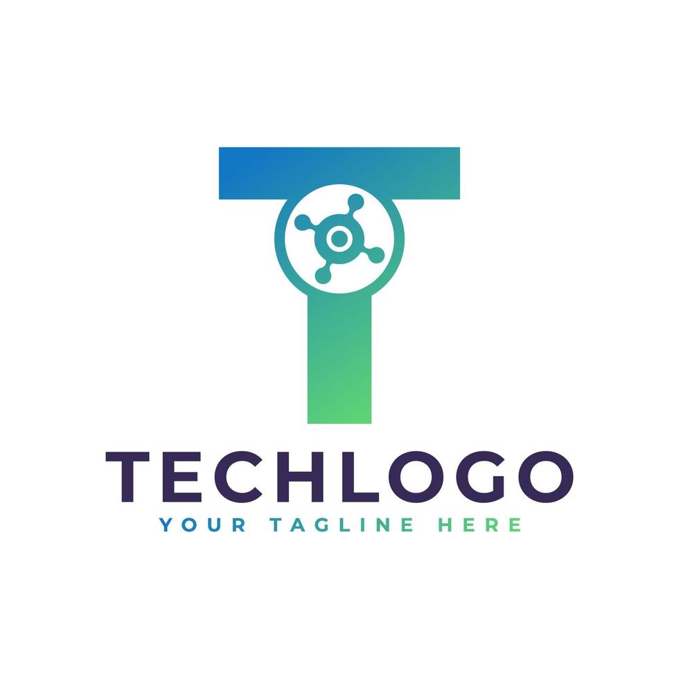 logotipo de la letra t de tecnología. forma geométrica verde con círculo de puntos conectado como vector de logotipo de red. utilizable para logotipos de negocios y tecnología.