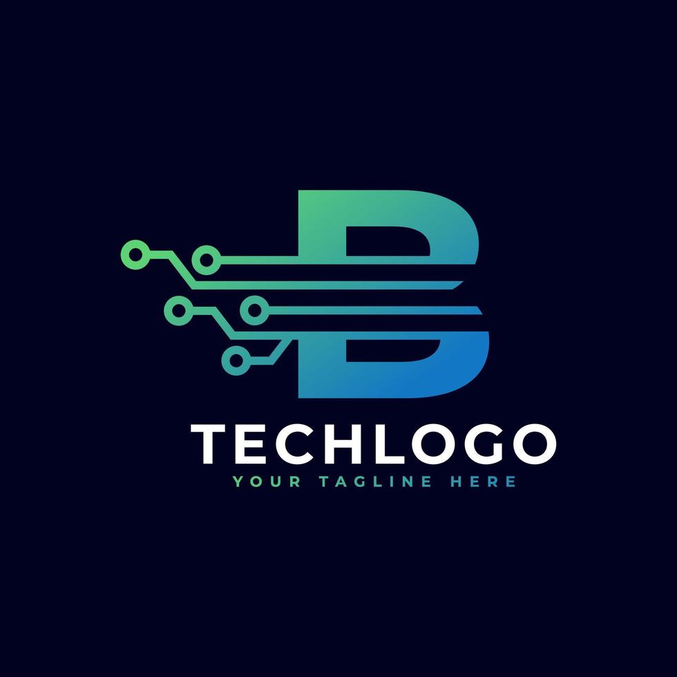 logotipo de la letra b de tecnología. plantilla de logotipo vectorial futurista con color degradado verde y azul. forma geometrica. utilizable para logotipos de negocios y tecnología. vector
