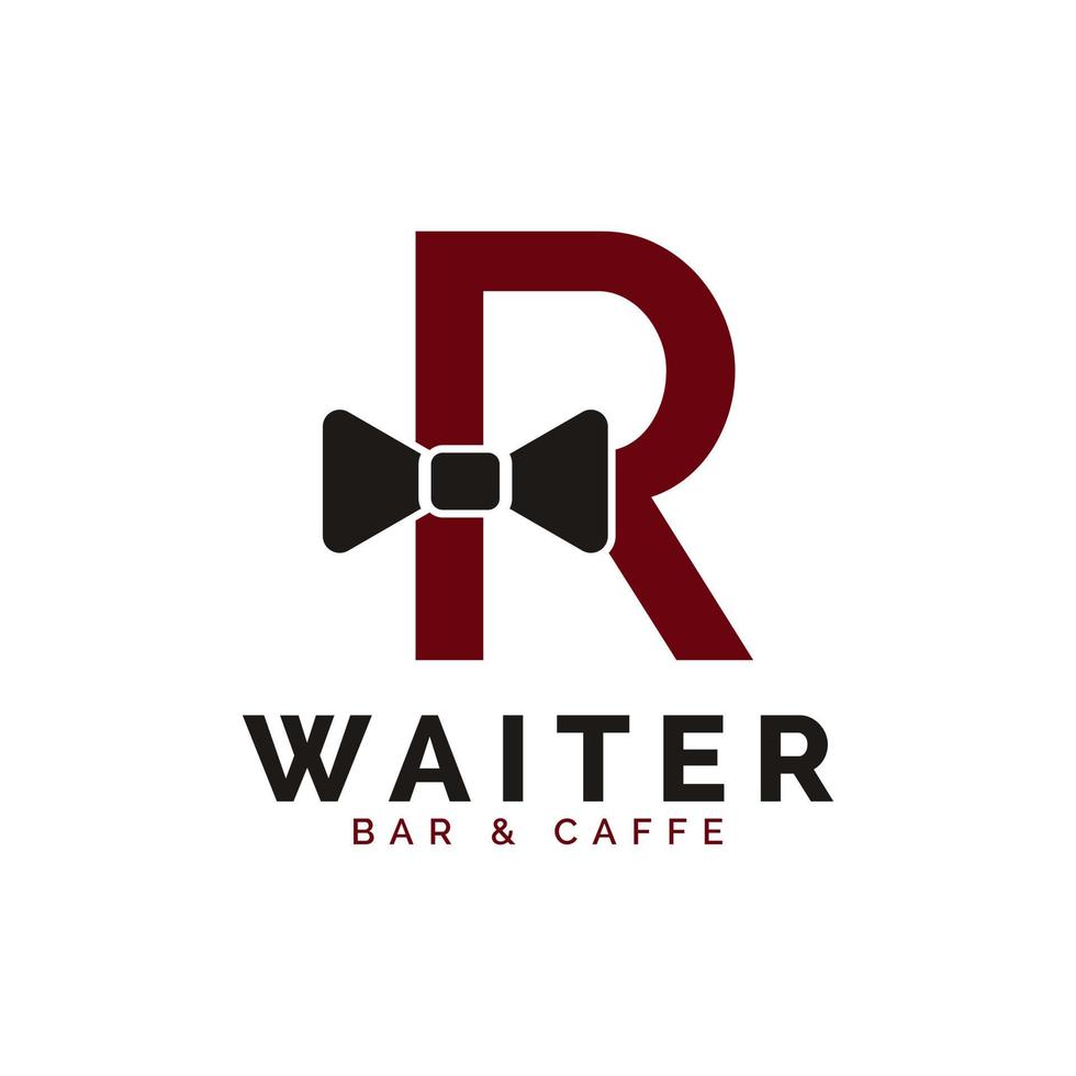 diseño del logotipo del restaurante del hotel de la pajarita del camarero de la letra inicial r. plantilla de logotipo de vector de camarera.