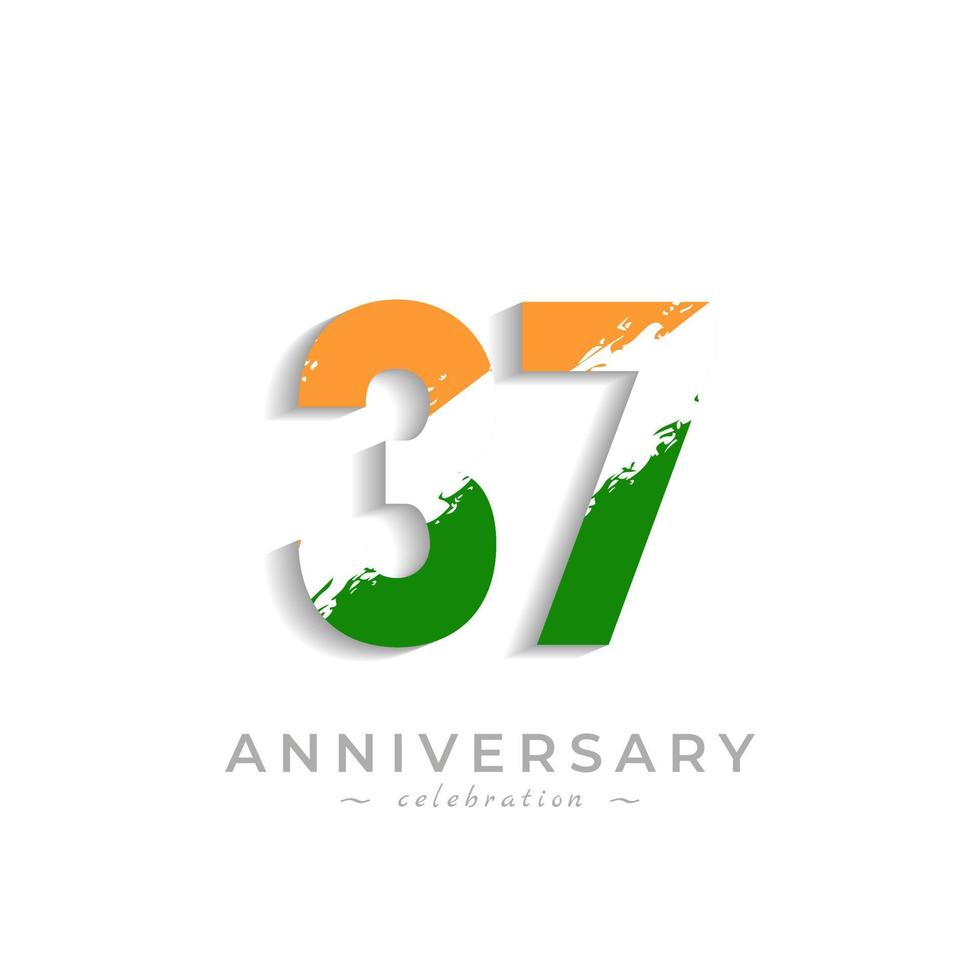 Celebración del aniversario de 37 años con barra blanca de pincel en azafrán amarillo y color verde de la bandera india. saludo de feliz aniversario celebra evento aislado sobre fondo blanco vector