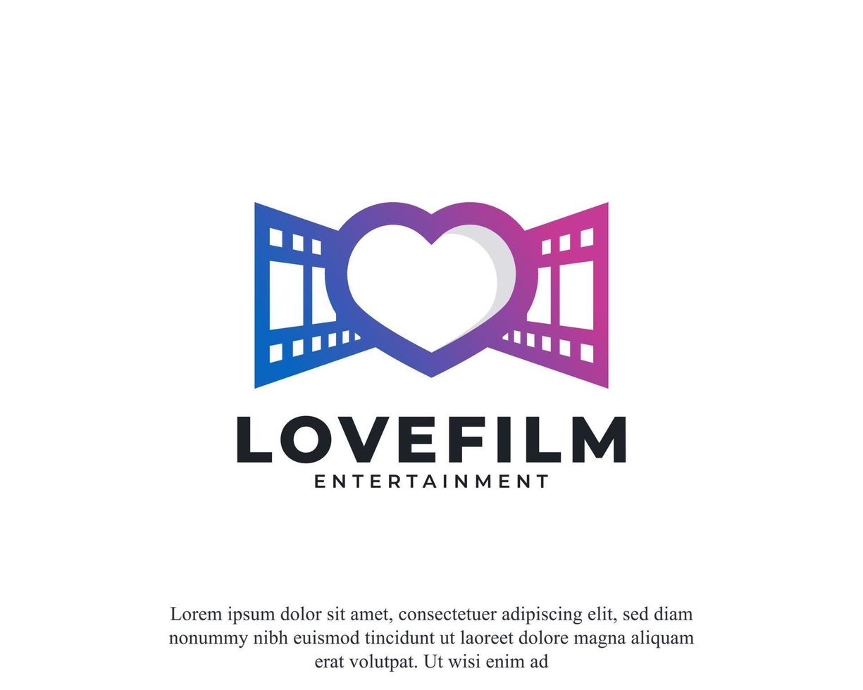 icono de la película de amor. carrete de película de cine y tira de película con elemento de diseño de vector de logotipo en forma de corazón