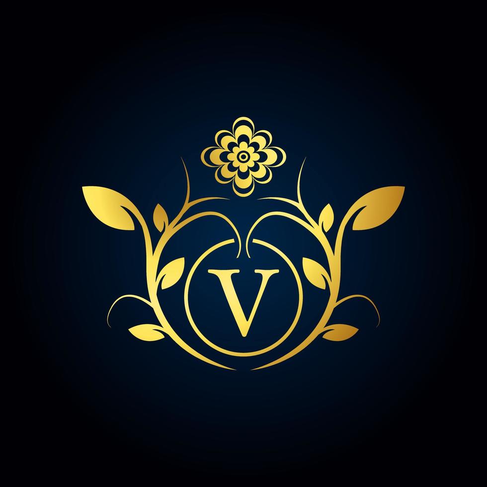 Elegant V Luxury Logo. Golden Floral Alphabet Logo with Flowers Leaves. Perfect for Fashion, Jewelry, Beauty Salon, Cosmetics, Spa, Boutique, Wedding, Letter Stamp, Hotel and Restaurant Logo. vector