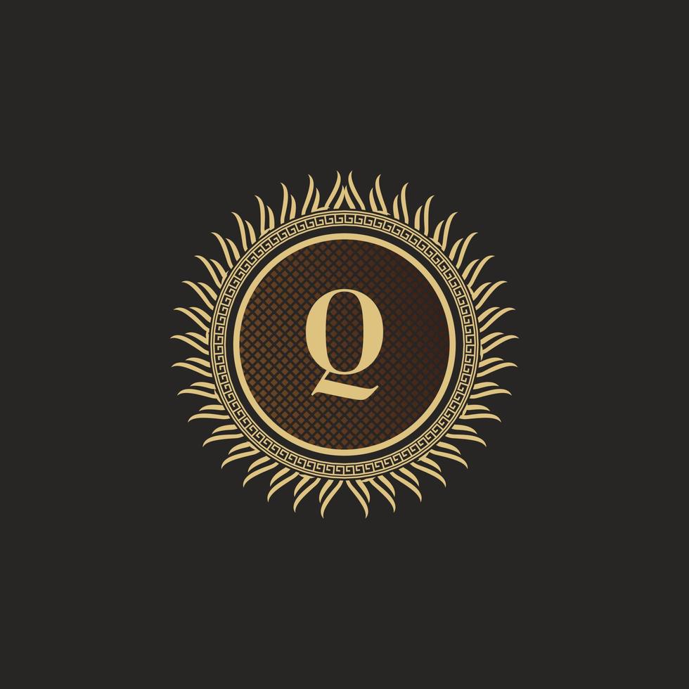 Emblem Letter Q Gold Monogram Design. Luxury Volumetric Logo Template. 3D Line Ornament for Business Sign, Badge, Crest, Label, Boutique Brand, Hotel, Restaurant, Heraldic. Vector Illustration