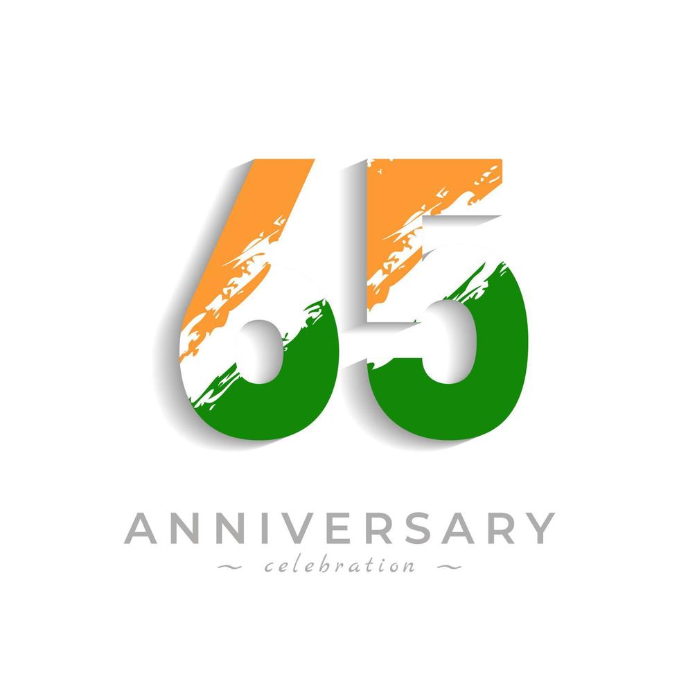 65 Year Anniversary Celebration with Brush White Slash in Yellow Saffron and Green Indian Flag Color. Happy Anniversary Greeting Celebrates Event Isolated on White Background vector