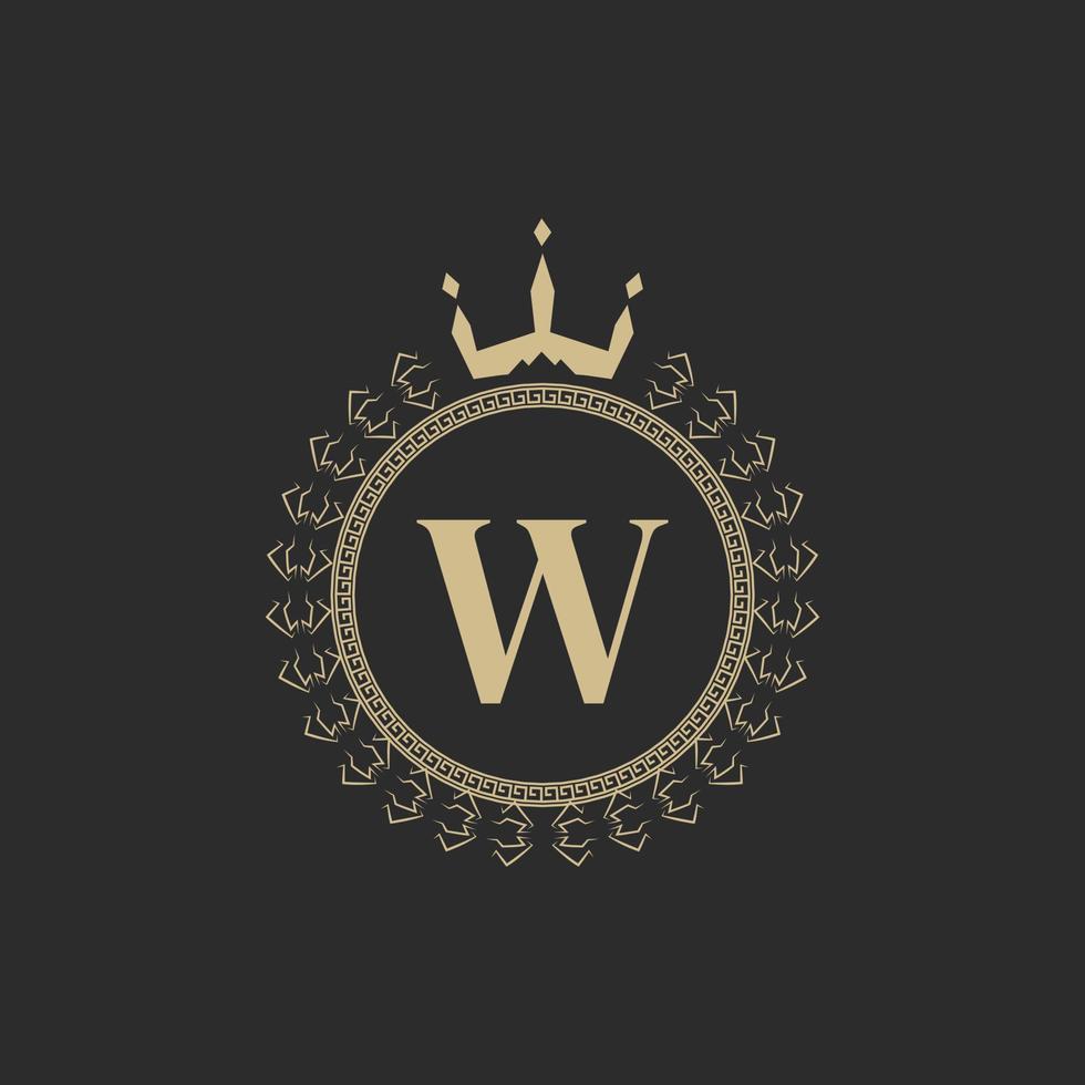 Initial Letter W Heraldic Royal Frame with Crown and Laurel Wreath. Simple Classic Emblem. Round Composition. Graphics Style. Art Elements for Logo Design Vector Illustration