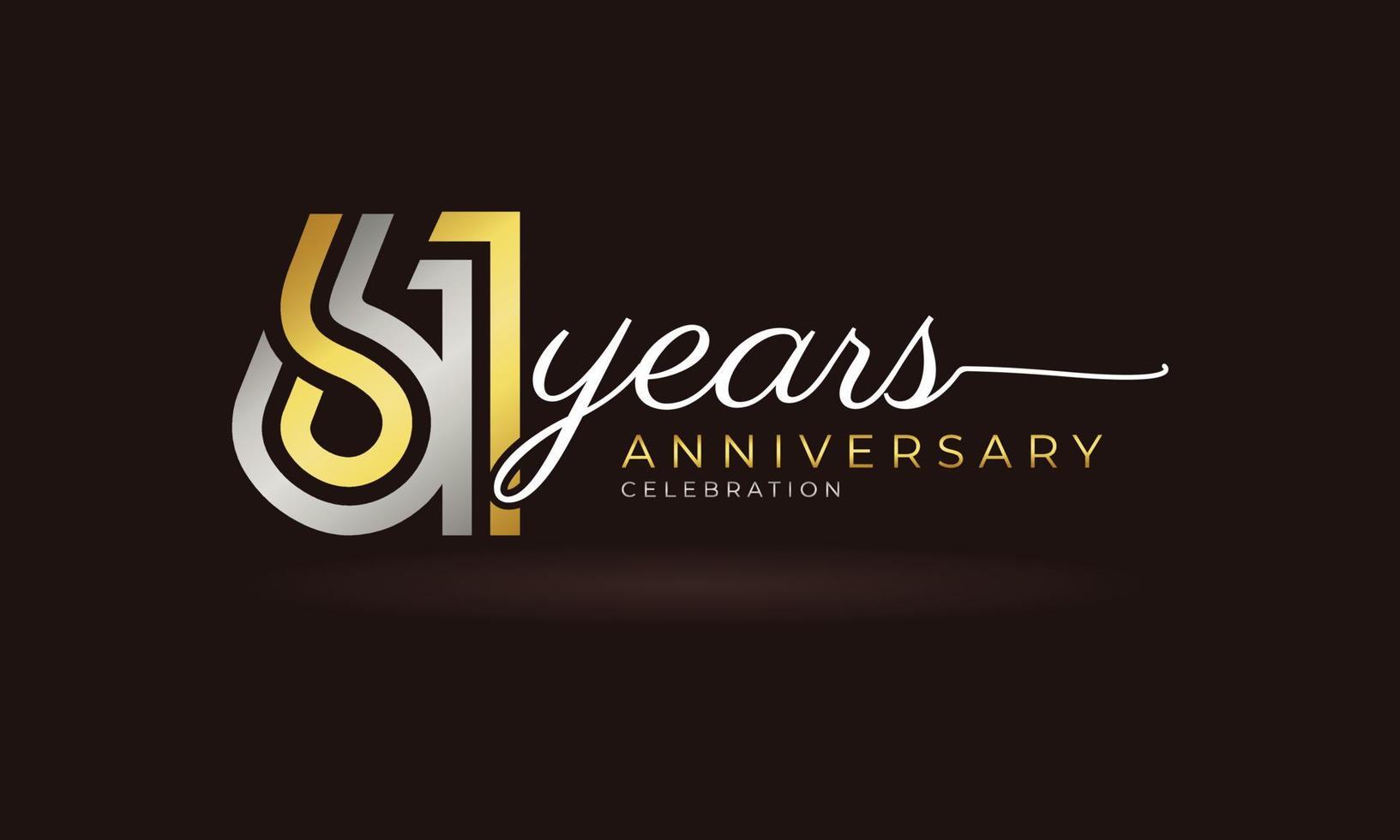 61 Year Anniversary Celebration Logotype with Linked Multiple Line Silver and Golden Color for Celebration Event, Wedding, Greeting Card, and Invitation Isolated on Dark Background vector