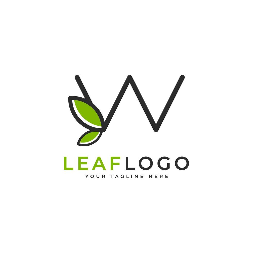 logotipo inicial creativo de la letra w. estilo lineal de forma negra vinculado con el símbolo de hoja verde. utilizable para logotipos de negocios, salud, naturaleza y granjas. elemento de plantilla de ideas de diseño de logotipo de vector plano. eps10