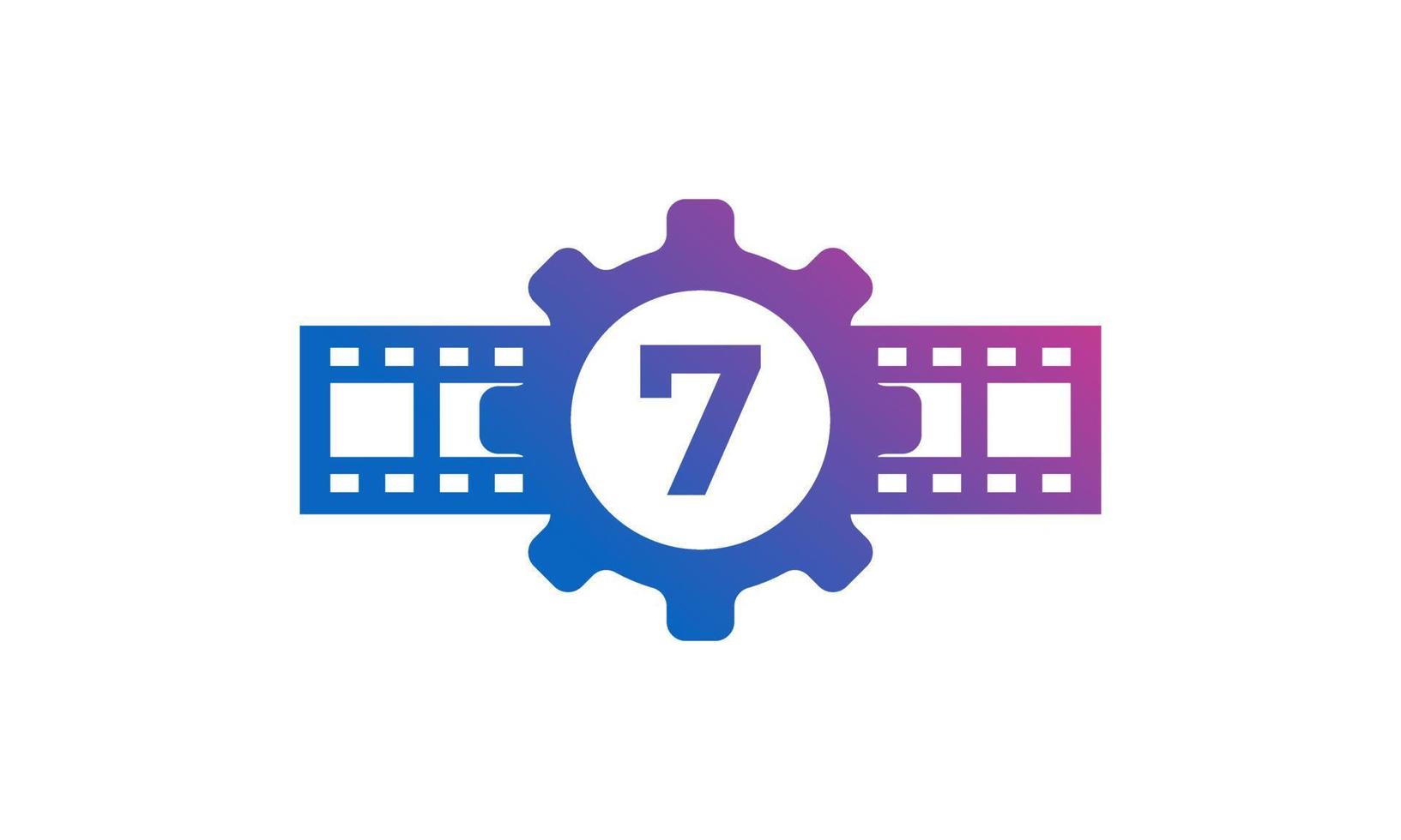 Number 7 Gear Cog Wheel with Reel Stripes Filmstrip for Film Movie Cinema Production Studio Logo Inspiration vector