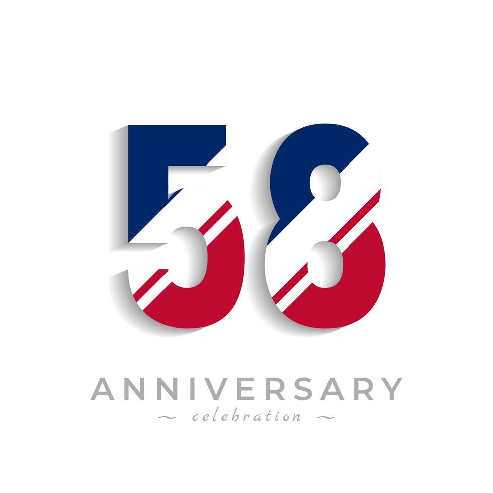 58 Year Anniversary Celebration with White Slash in Red and Blue American Flag Color. Happy Anniversary Greeting Celebrates Event Isolated on White Background vector