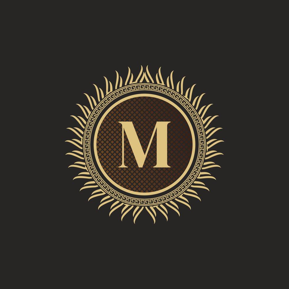 Emblem Letter M Gold Monogram Design. Luxury Volumetric Logo Template. 3D Line Ornament for Business Sign, Badge, Crest, Label, Boutique Brand, Hotel, Restaurant, Heraldic. Vector Illustration