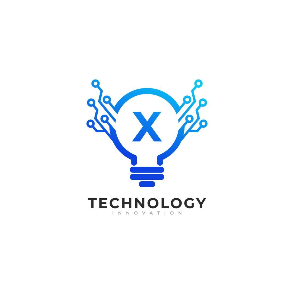 letra x dentro del elemento de plantilla de diseño de logotipo de innovación de tecnología de bombilla vector