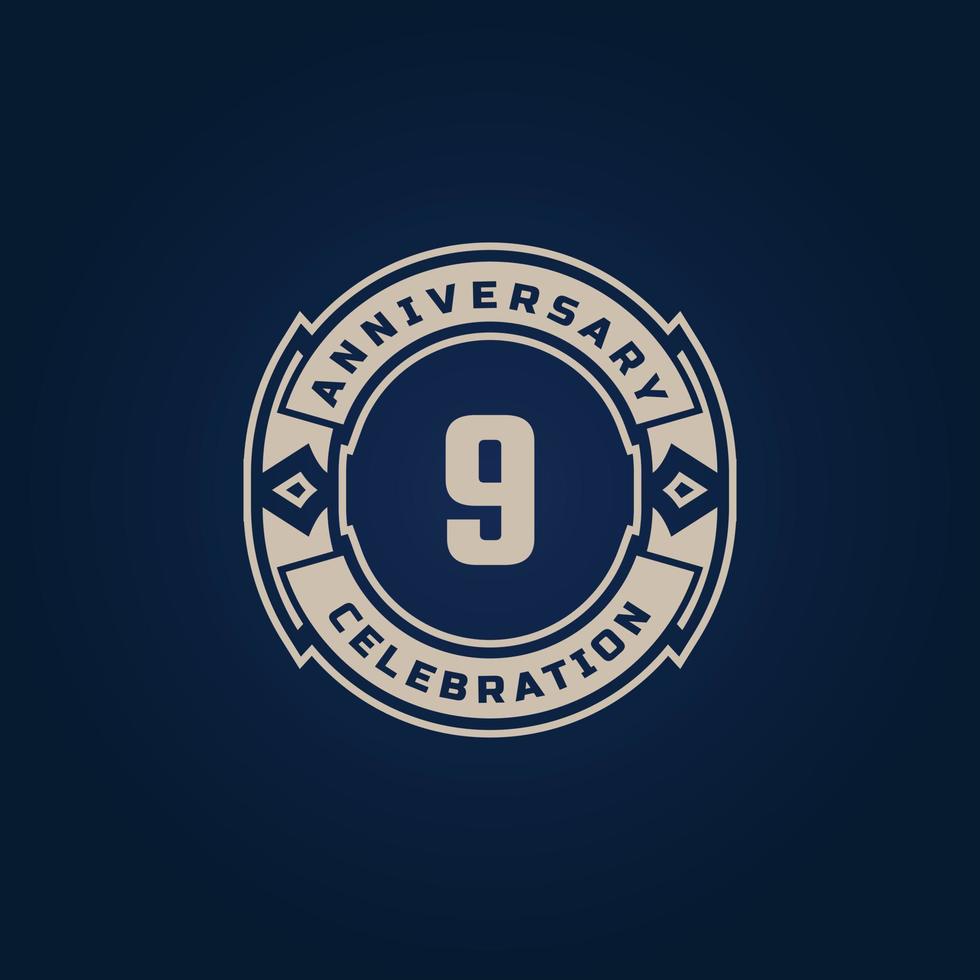9 Year Anniversary Celebration with Golden Color for Celebration Event, Wedding, Greeting card, and Invitation Isolated on Blue Background vector