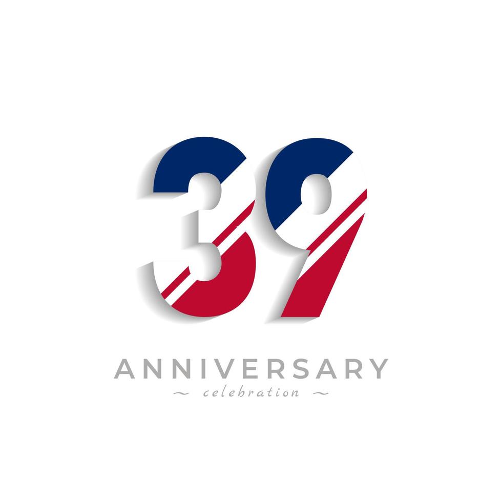 39 Year Anniversary Celebration with White Slash in Red and Blue American Flag Color. Happy Anniversary Greeting Celebrates Event Isolated on White Background vector