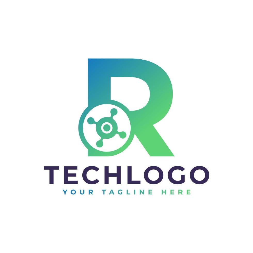 logotipo de la letra r de tecnología. forma geométrica verde con círculo de puntos conectado como vector de logotipo de red. utilizable para logotipos de negocios y tecnología.