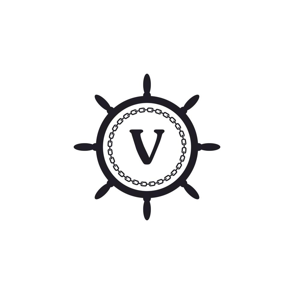 letra v dentro del volante del barco y el icono de la cadena circular para la inspiración del logotipo náutico vector