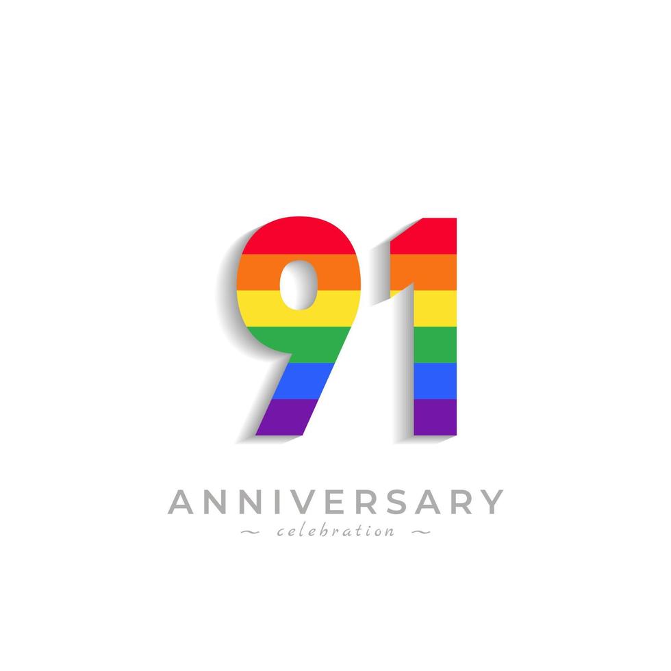 Celebración del aniversario de 91 años con el color del arco iris para el evento de celebración, la boda, la tarjeta de felicitación y la invitación aislada en el fondo blanco vector