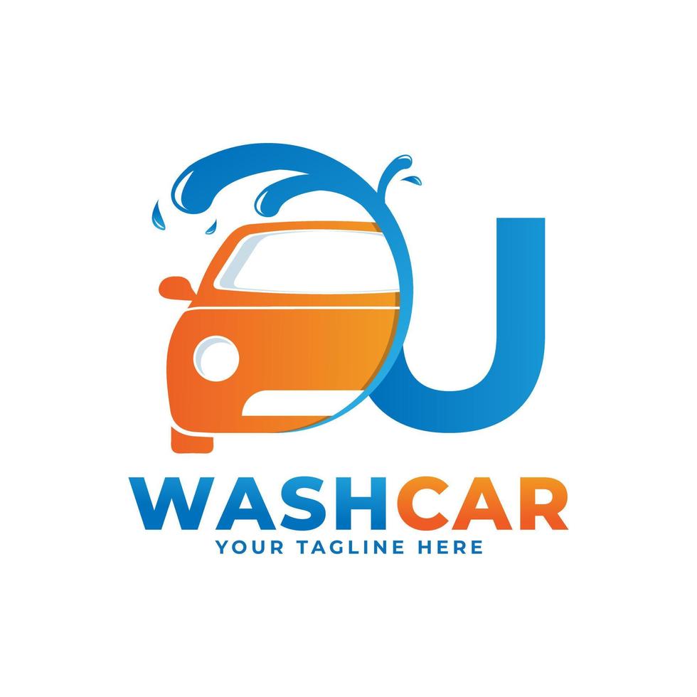 Letter U with Car Wash Logo, Cleaning Car, Washing and Service Vector Logo Design.