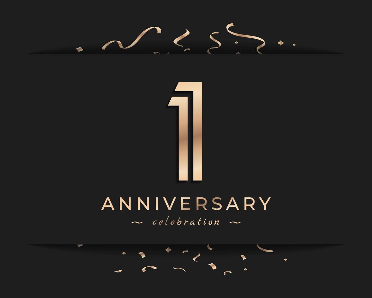 Diseño de estilo de logotipo de celebración de aniversario de 1 año. el saludo de feliz aniversario celebra el evento con múltiples líneas doradas y confeti aislado en la ilustración de diseño de fondo oscuro vector