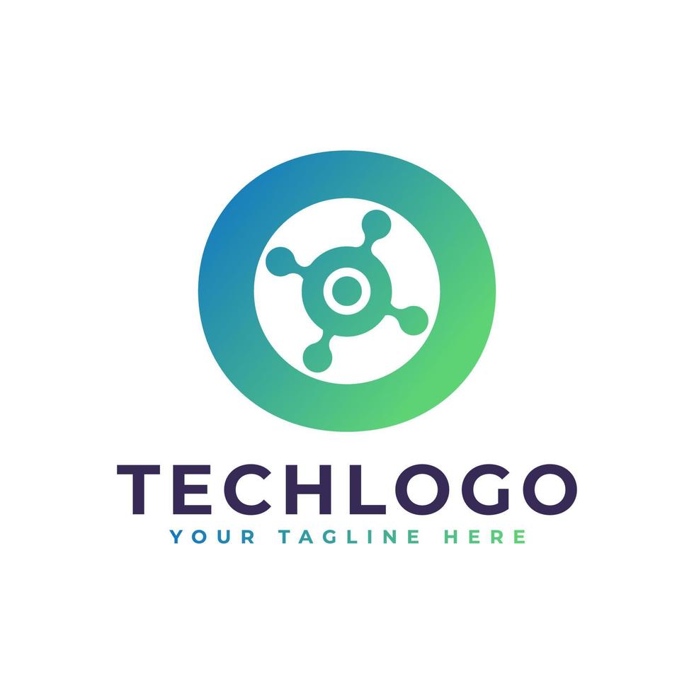 logotipo de la letra o de tecnología. forma geométrica verde con círculo de puntos conectado como vector de logotipo de red. utilizable para logotipos de negocios y tecnología.