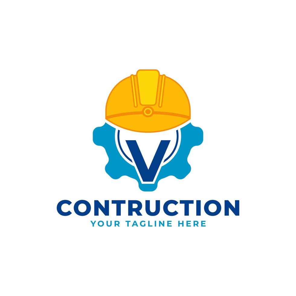 Initial Letter V with Gear and Helmet. Construction and Engineering Logo Concept vector