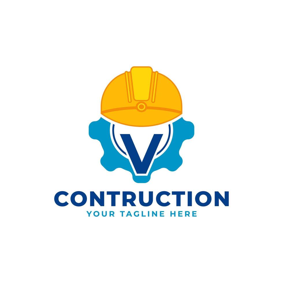 letra inicial v con equipo y casco. concepto de logotipo de construcción e ingeniería vector