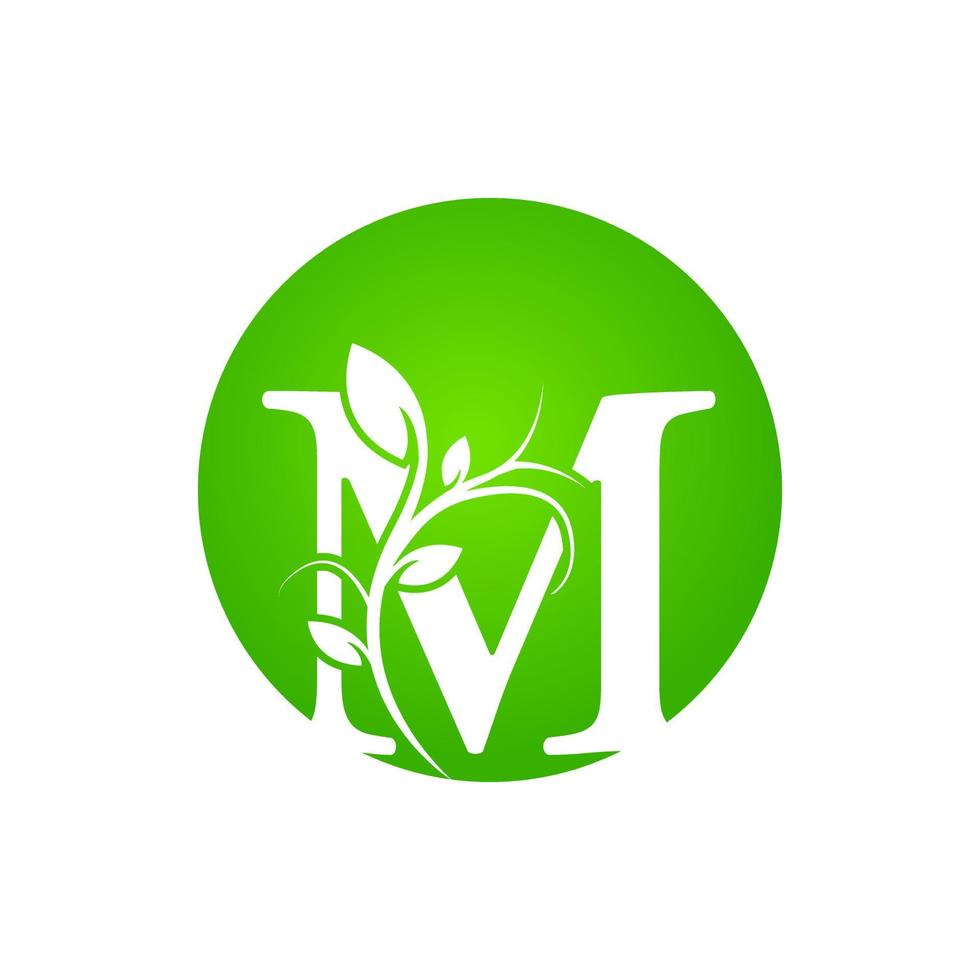 logotipo del spa de salud de la letra m. logotipo del alfabeto floral verde con hojas. utilizable para logotipos de negocios, moda, cosméticos, spa, ciencia, salud, medicina y naturaleza. vector