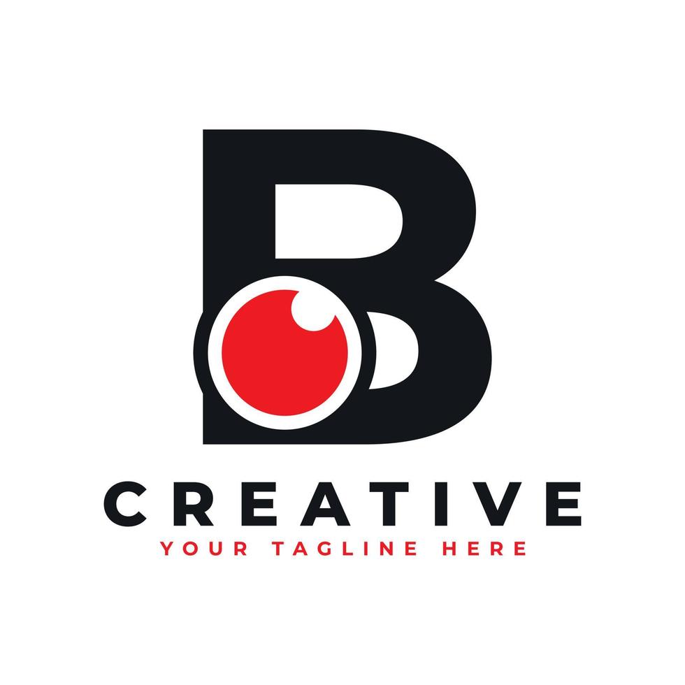 Abstract Eye Logo Letter B. Black Shape B Initial Letter with Red Eyeball inside. Use for Business and Technology Logos. Flat Vector Logo Design Ideas Template Element