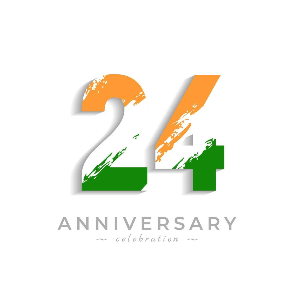24 Year Anniversary Celebration with Brush White Slash in Yellow Saffron and Green Indian Flag Color. Happy Anniversary Greeting Celebrates Event Isolated on White Background vector